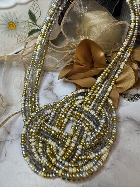 Multi-Strand Gold & Silver Beaded Necklace - Women Jewelry